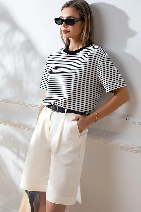 Свободная футболка в полоску из премиального хлопка с эластаном VILATTE, белый-черный - фото 2