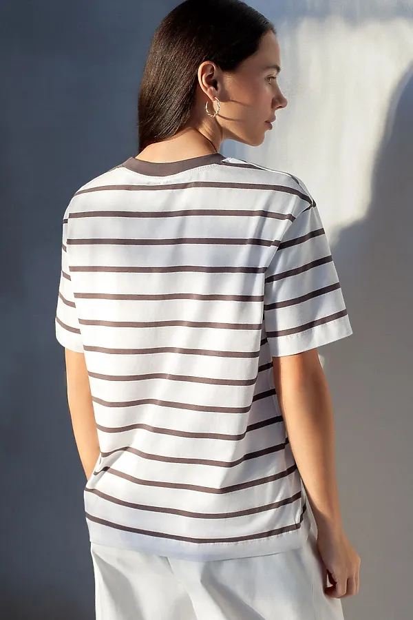 Свободная футболка в широкую полоску с принтом из премиального хлопка с эластаном VILATTE, белый-кофе_vilatte - фото 2