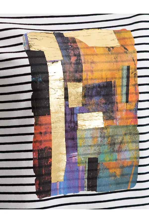 Свободная футболка в черно-белую полоску с принтом из премиального хлопка с эластаном VILATTE, белый-черный_абстракция - фото 2