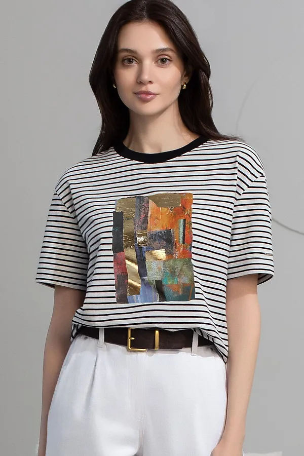 Свободная футболка в черно-белую полоску с принтом из премиального хлопка с эластаном VILATTE, белый-черный_абстракция - фото 2