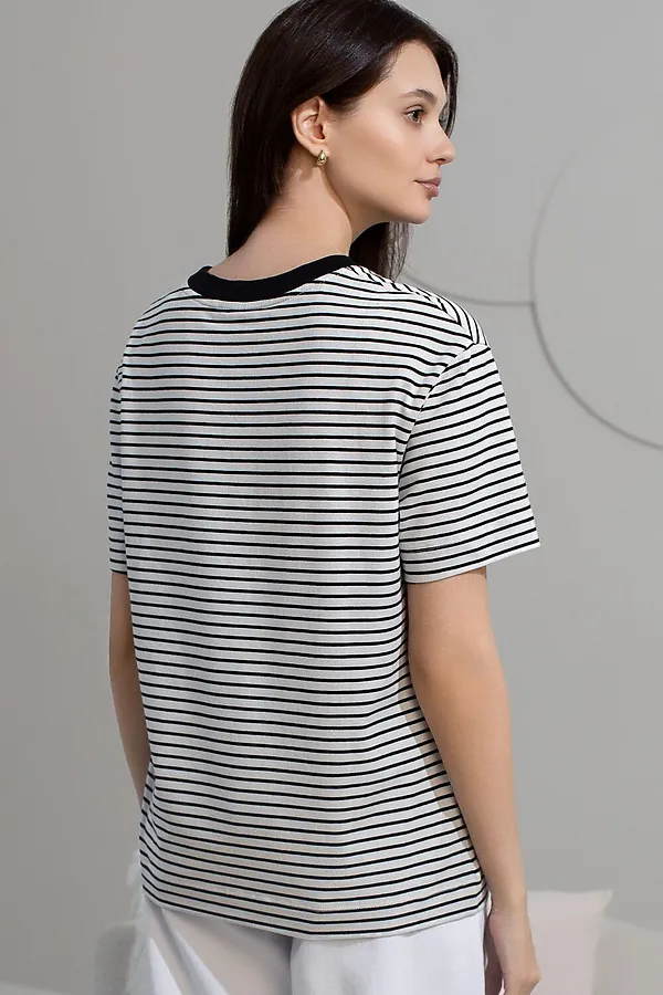 Свободная футболка в черно-белую полоску с принтом из премиального хлопка с эластаном VILATTE, белый-черный_перо - фото 2