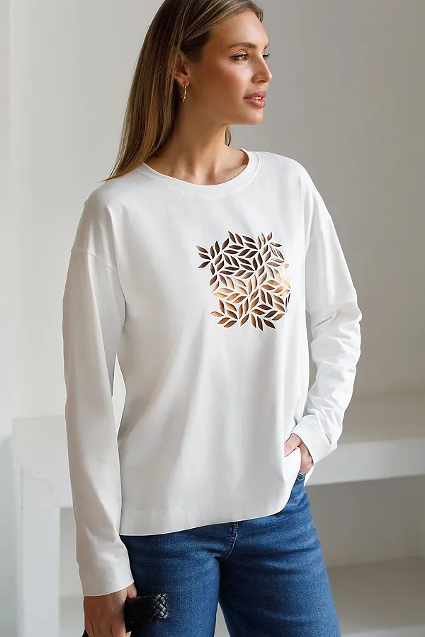 Лонгслив с принтом из премиального хлопка с эластаном VILATTE, молочный_листья - фото 2