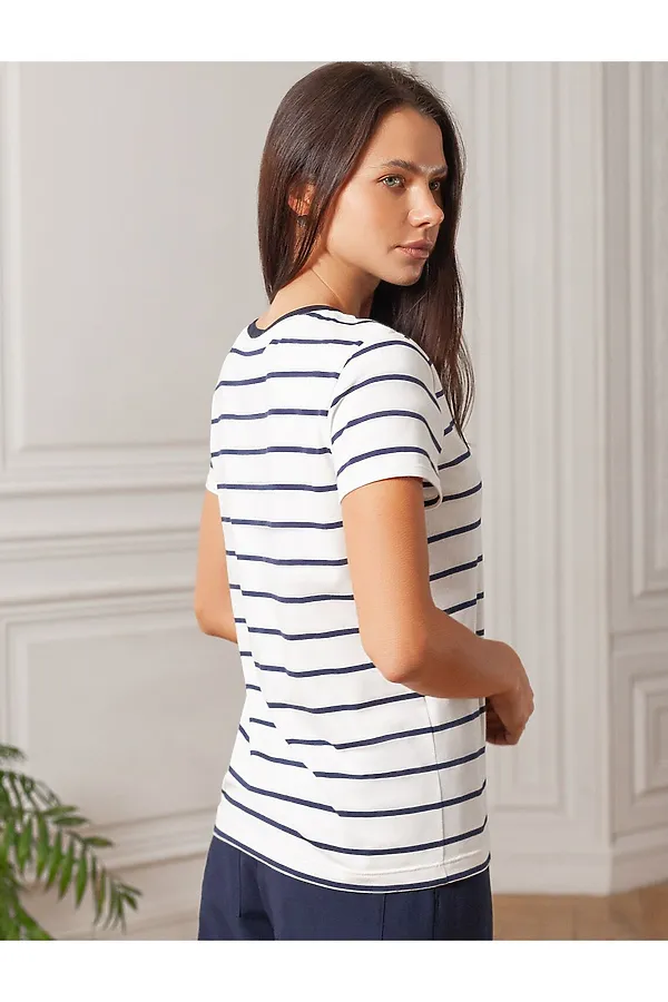 Базовая футболка в полоску полуприлегающая из премиального хлопка с эластаном VILATTE, белый-т.синий - фото 2