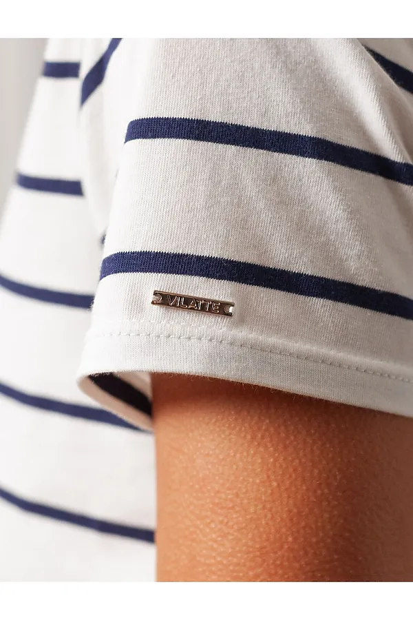 Базовая футболка в полоску полуприлегающая из премиального хлопка с эластаном VILATTE, белый-т.синий - фото 2