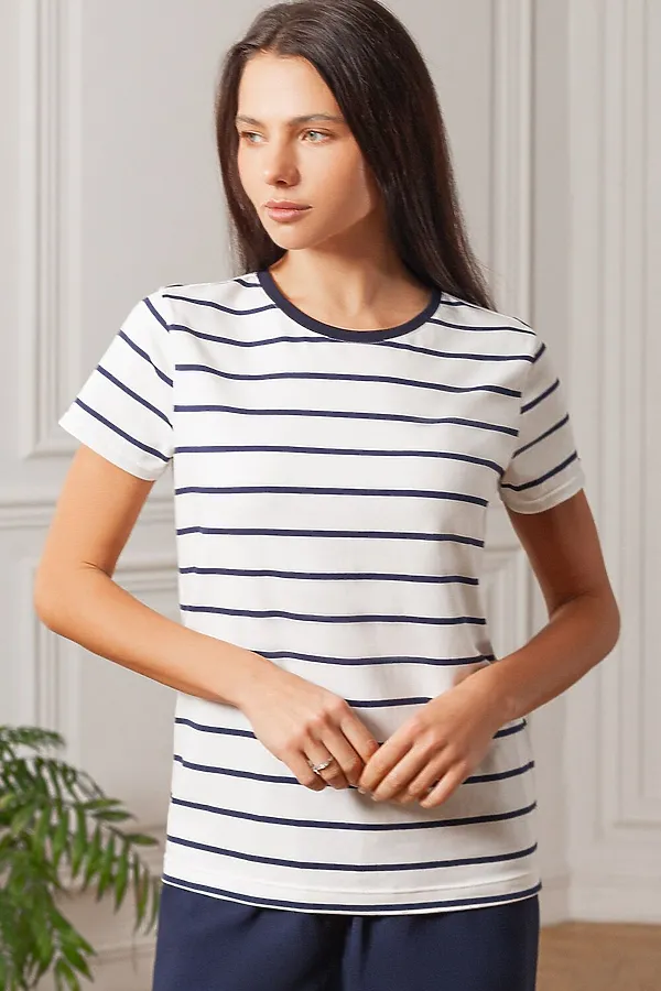 Базовая футболка в полоску полуприлегающая из премиального хлопка с эластаном VILATTE, белый-т.синий - фото 2