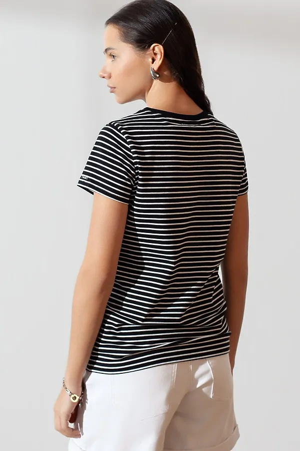 Базовая футболка в полоску полуприлегающая из премиального хлопка с эластаном VILATTE, черный-белый - фото 2