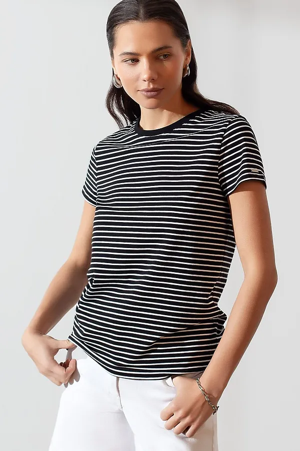 Базовая футболка в полоску полуприлегающая из премиального хлопка с эластаном VILATTE, черный-белый - фото 2