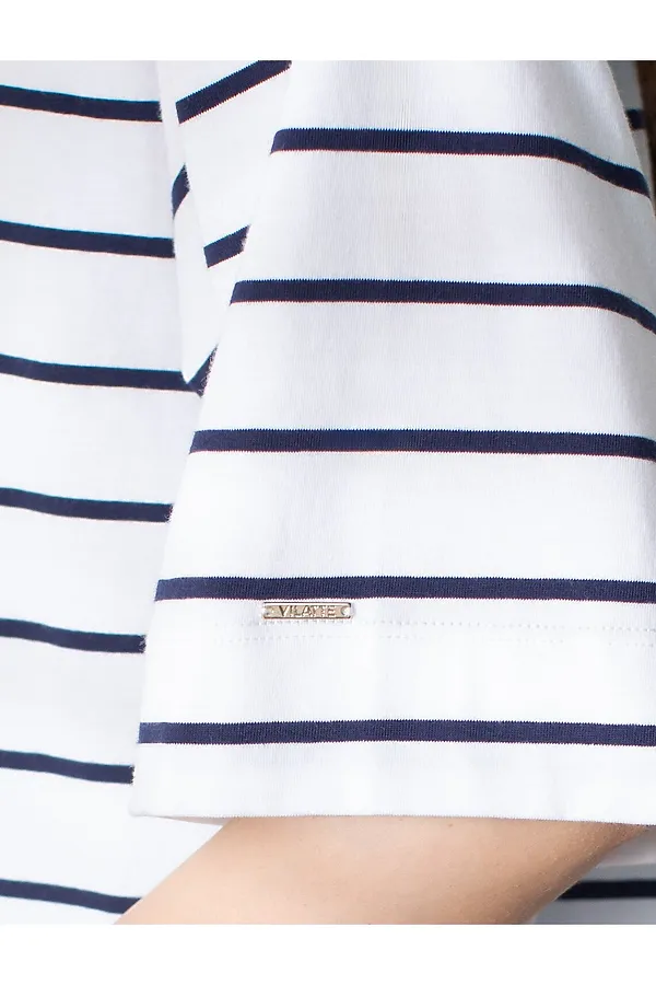 Свободная футболка в полоску из премиального хлопка с эластаном VILATTE, белый-синий - фото 2
