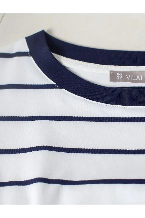 Свободная футболка в полоску из премиального хлопка с эластаном VILATTE, белый-синий - фото 2