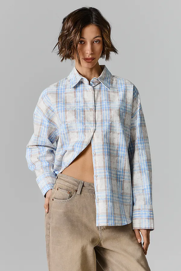 Рубашка женская MARK FORMELLE, бежево -голубая клетка - фото 2