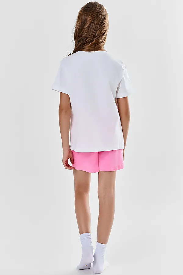 Комплект для девочек (футболка, шорты) MARK FORMELLE, белый +розовое саше +печать - фото 2