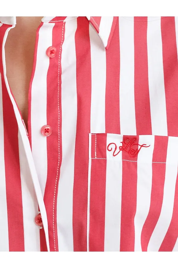 Блузка свободного силуэта в полоску из эластичного хлопка VILATTE, белый-красный - фото 2