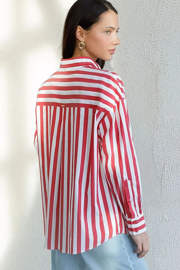 Блузка свободного силуэта в полоску из эластичного хлопка VILATTE, белый-красный - фото 2
