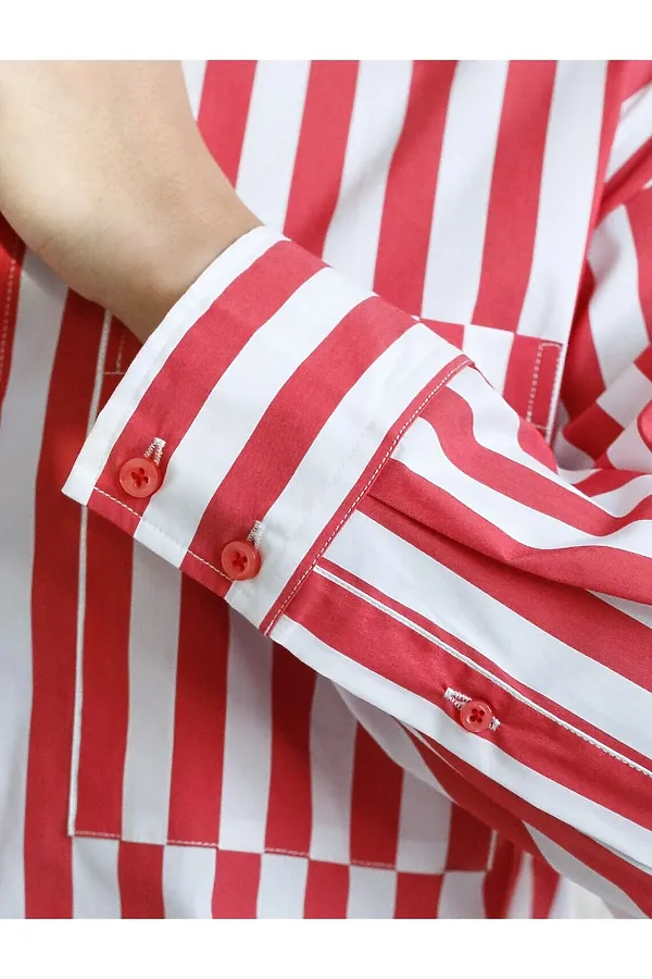 Блузка свободного силуэта в полоску из эластичного хлопка VILATTE, белый-красный - фото 2