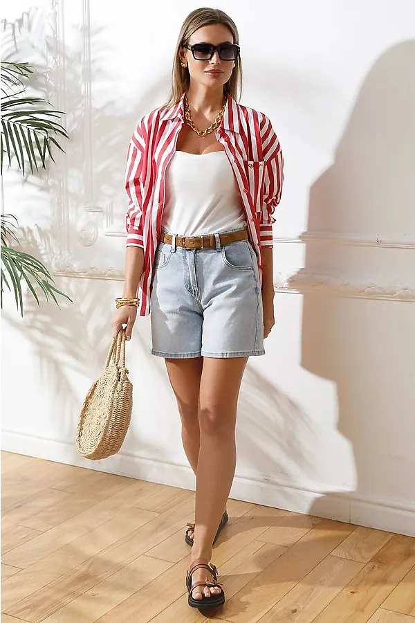 Блузка свободного силуэта в полоску из эластичного хлопка VILATTE, белый-красный - фото 2
