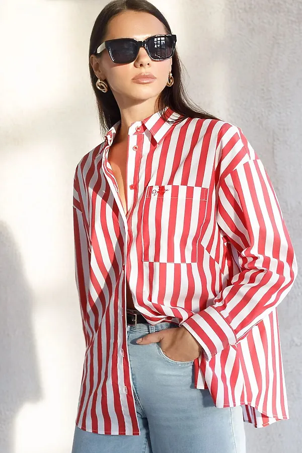 Блузка свободного силуэта в полоску из эластичного хлопка VILATTE, белый-красный - фото 2