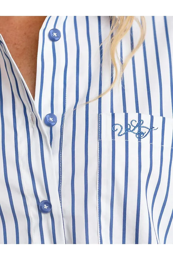 Блузка свободного силуэта в полоску из эластичного хлопка VILATTE, белый-синий - фото 2