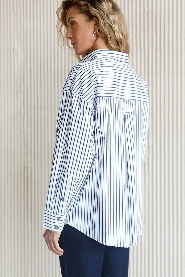 Блузка свободного силуэта в полоску из эластичного хлопка VILATTE, белый-синий - фото 2
