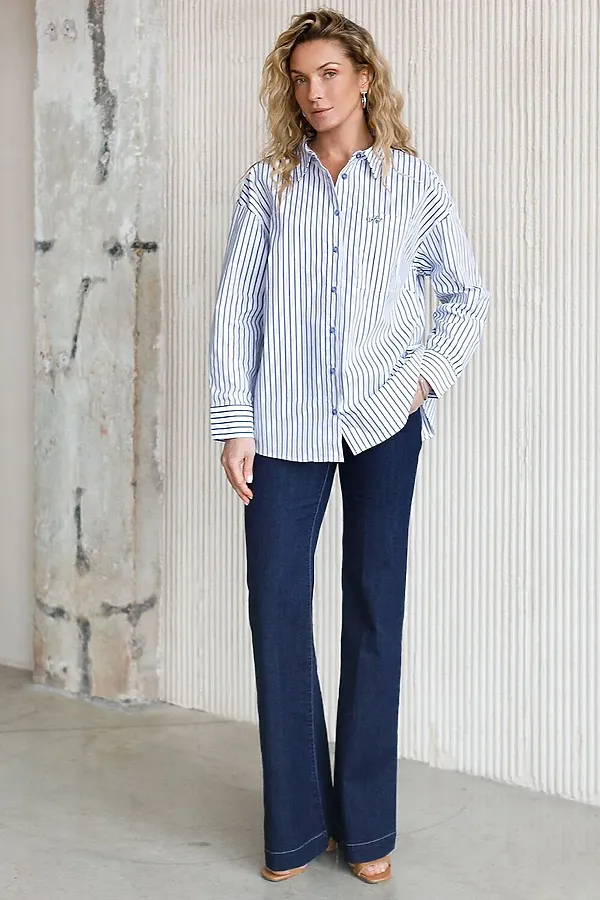 Блузка свободного силуэта в полоску из эластичного хлопка VILATTE, белый-синий - фото 2