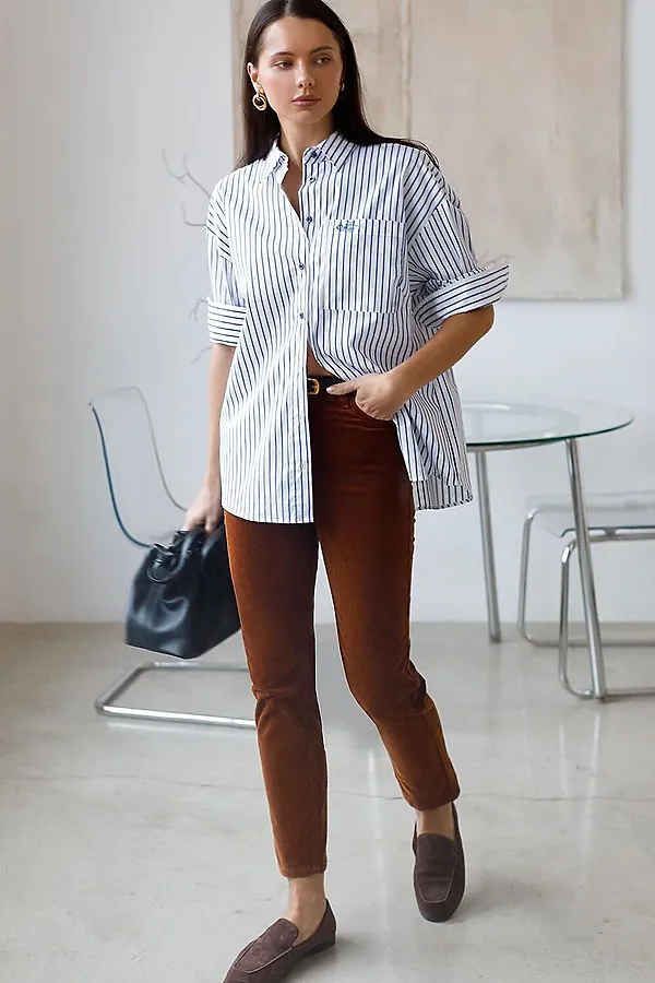 Блузка свободного силуэта в полоску из эластичного хлопка VILATTE, белый-синий - фото 2