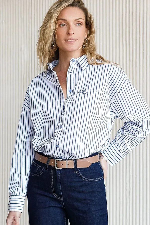 Блузка свободного силуэта в полоску из эластичного хлопка VILATTE, белый-синий - фото 2