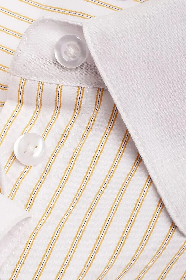 Блузка приталенного силуэта в полоску из эластичного хлопка VILATTE, белый-желтый - фото 2