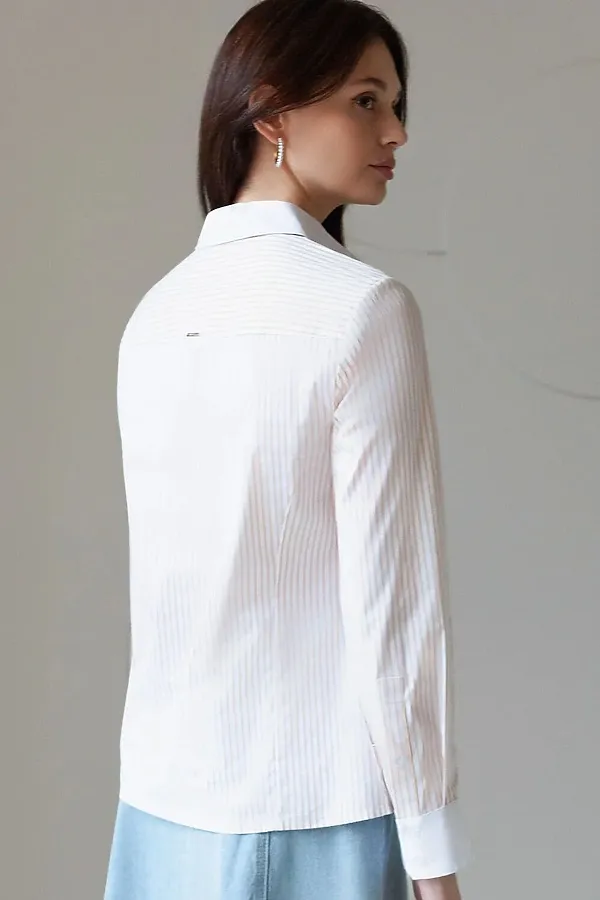 Блузка приталенного силуэта в полоску из эластичного хлопка VILATTE, белый-желтый - фото 2