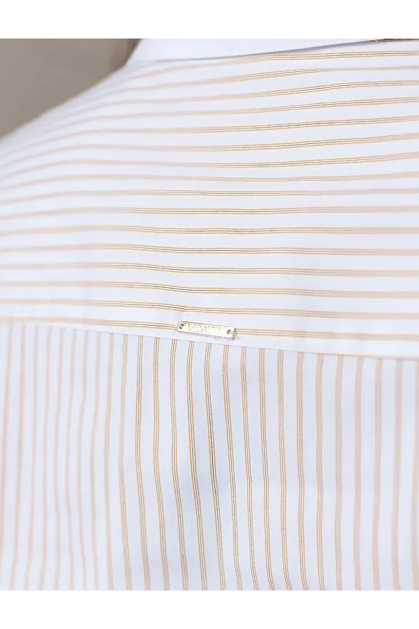 Блузка приталенного силуэта в полоску из эластичного хлопка VILATTE, белый-желтый - фото 2