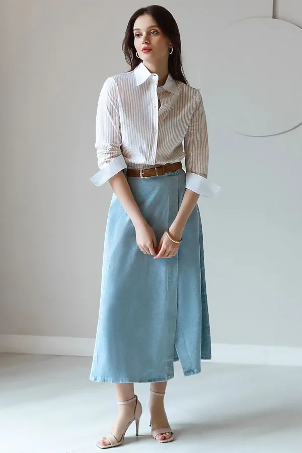 Блузка приталенного силуэта в полоску из эластичного хлопка VILATTE, белый-желтый - фото 2