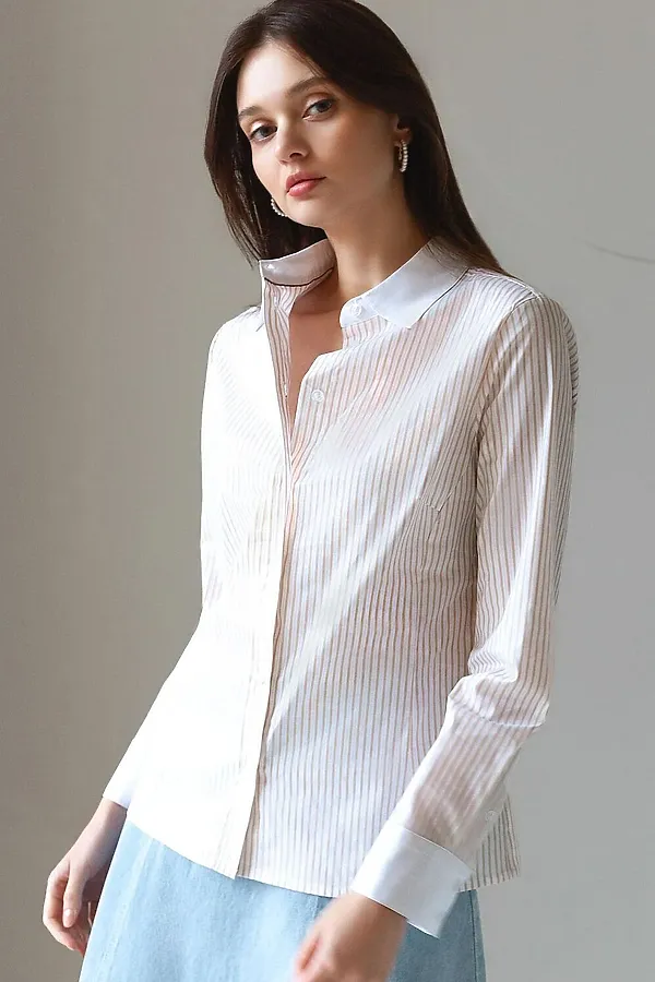 Блузка приталенного силуэта в полоску из эластичного хлопка VILATTE, белый-желтый - фото 2