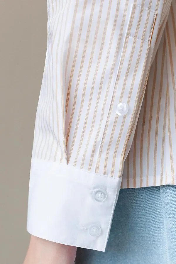 Блузка приталенного силуэта в полоску из эластичного хлопка VILATTE, белый-желтый - фото 2