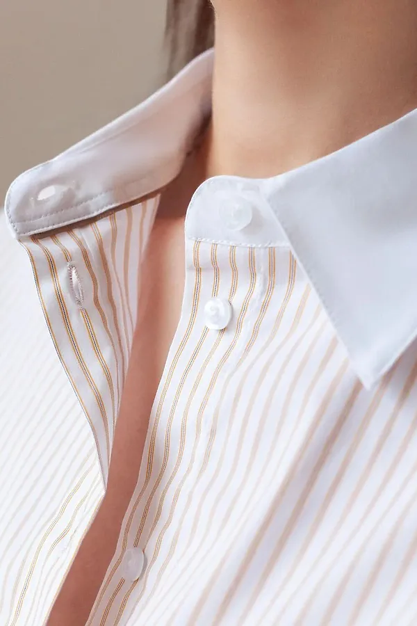 Блузка приталенного силуэта в полоску из эластичного хлопка VILATTE, белый-желтый - фото 2