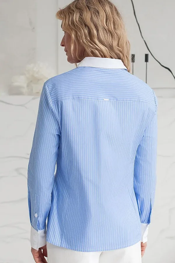 Блузка приталенного силуэта в полоску из эластичного хлопка VILATTE, голубой-белый - фото 2