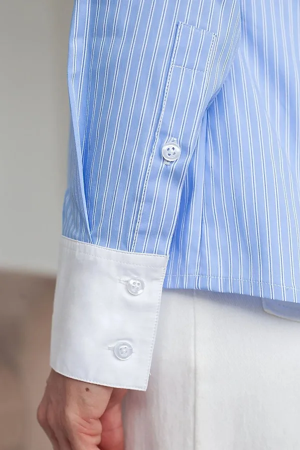 Блузка приталенного силуэта в полоску из эластичного хлопка VILATTE, голубой-белый - фото 2