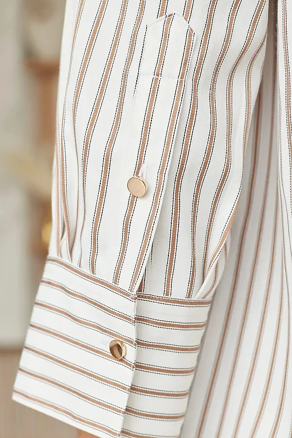 Блузка свободного силуэта в полоску  с рукавом 3/4  из эластичного хлопка VILATTE, молочный-карамельный - фото 2