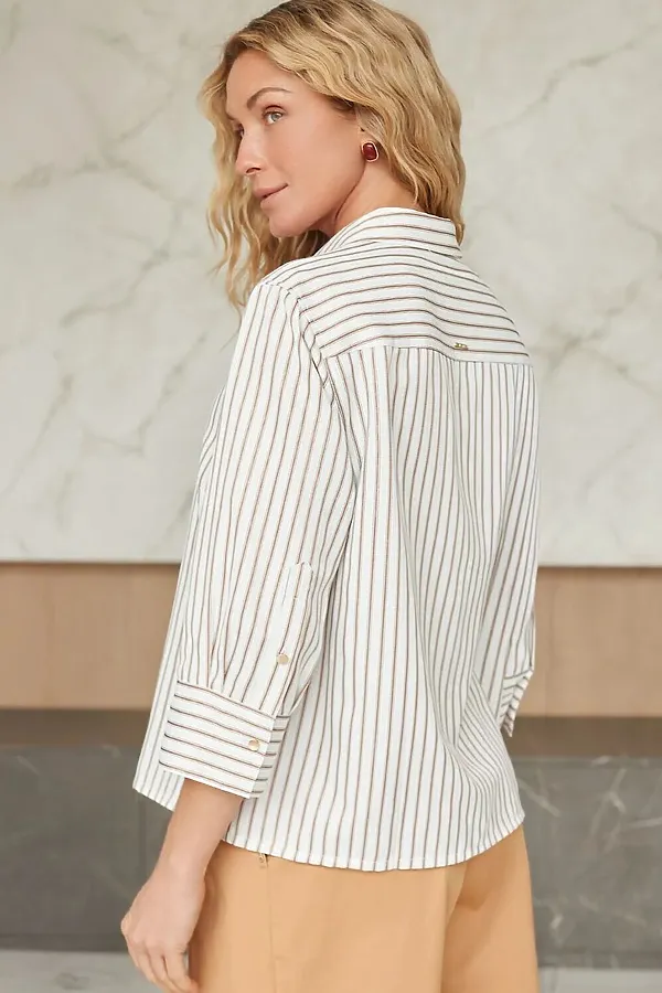 Блузка свободного силуэта в полоску  с рукавом 3/4  из эластичного хлопка VILATTE, молочный-карамельный - фото 2