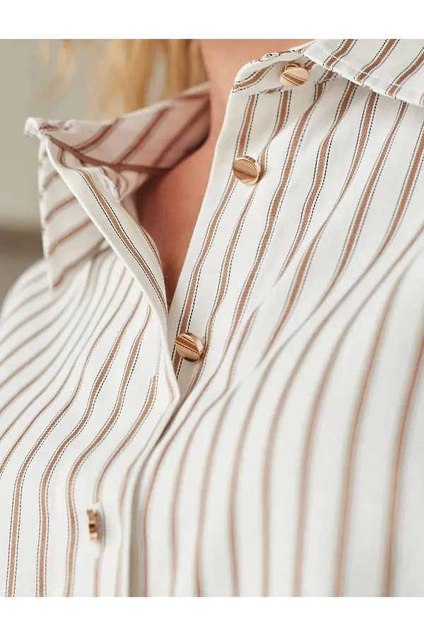 Блузка свободного силуэта в полоску  с рукавом 3/4  из эластичного хлопка VILATTE, молочный-карамельный - фото 2