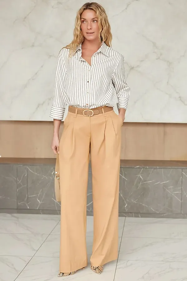 Блузка свободного силуэта в полоску  с рукавом 3/4  из эластичного хлопка VILATTE, молочный-карамельный - фото 2