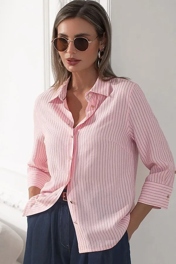 Блузка свободного силуэта в полоску  с рукавом 3/4  из эластичного хлопка VILATTE, пудровый-бежевый - фото 2