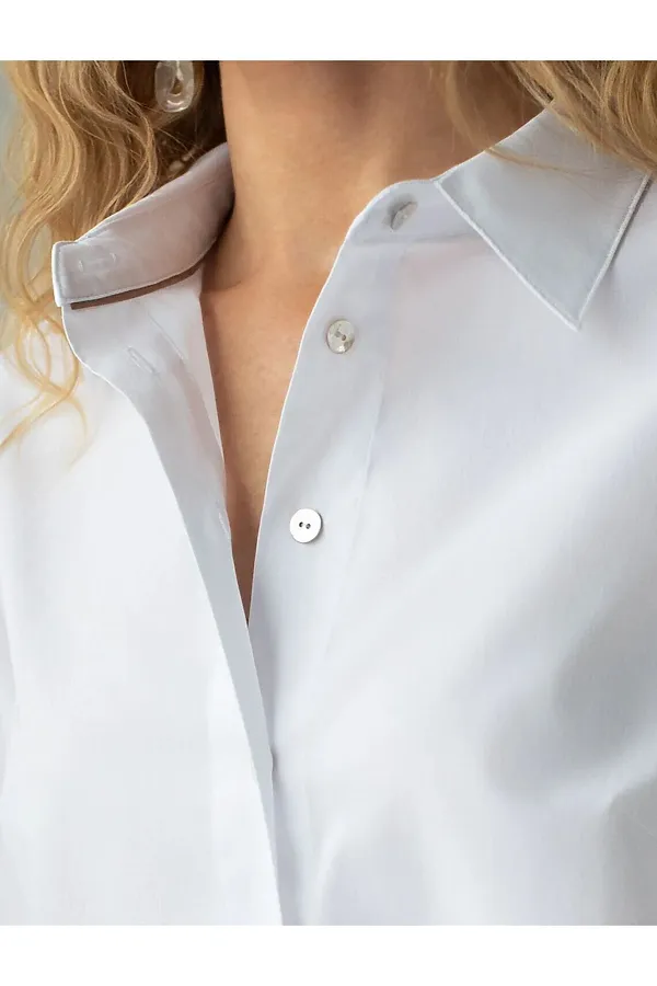 Укороченная блузка с рукавами буфами и с кулиской по низу из эластичного хлопка VILATTE, белый - фото 2