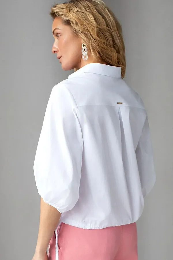 Укороченная блузка с рукавами буфами и с кулиской по низу из эластичного хлопка VILATTE, белый - фото 2