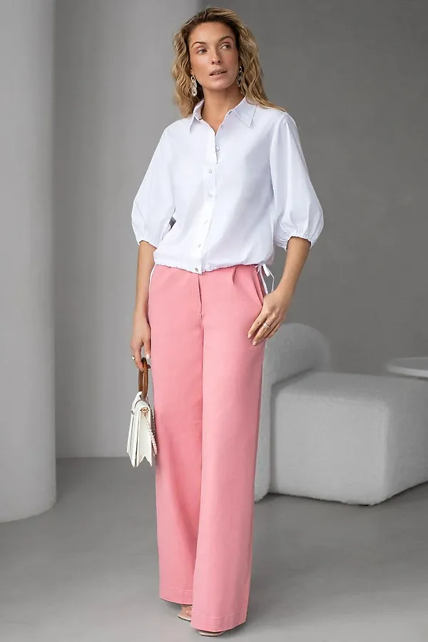 Укороченная блузка с рукавами буфами и с кулиской по низу из эластичного хлопка VILATTE, белый - фото 2