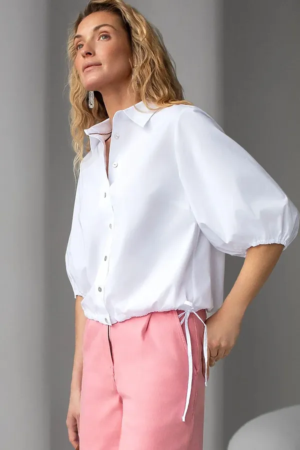 Укороченная блузка с рукавами буфами и с кулиской по низу из эластичного хлопка VILATTE, белый - фото 2