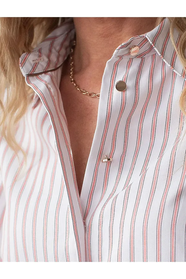 Укороченная блузка с рукавами буфами и с кулиской по низу из эластичного хлопка VILATTE, белый-коралловый - фото 2