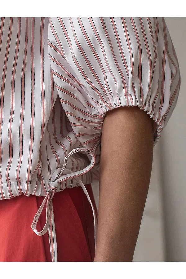 Укороченная блузка с рукавами буфами и с кулиской по низу из эластичного хлопка VILATTE, белый-коралловый - фото 2