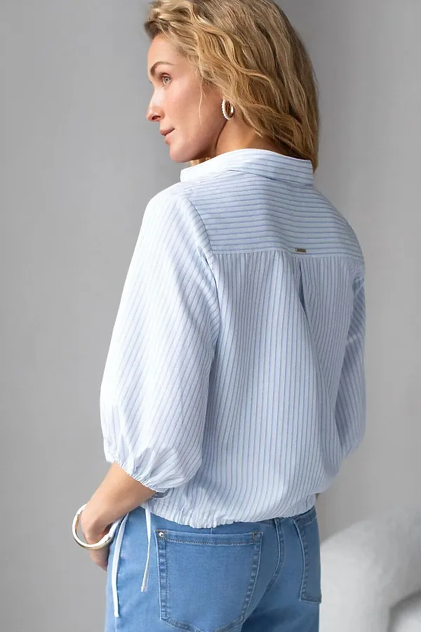 Укороченная блузка с рукавами буфами и с кулиской по низу из эластичного хлопка VILATTE, белый-темно-синий - фото 2