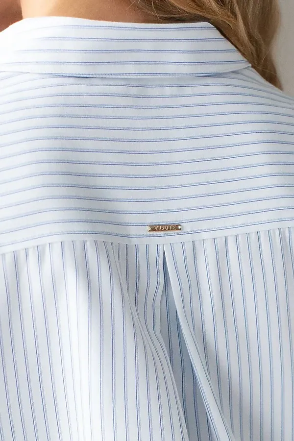 Укороченная блузка с рукавами буфами и с кулиской по низу из эластичного хлопка VILATTE, белый-темно-синий - фото 2