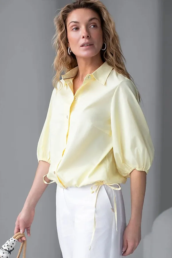 Укороченная блузка с рукавами буфами и с кулиской по низу из эластичного хлопка VILATTE, лимонный - фото 2