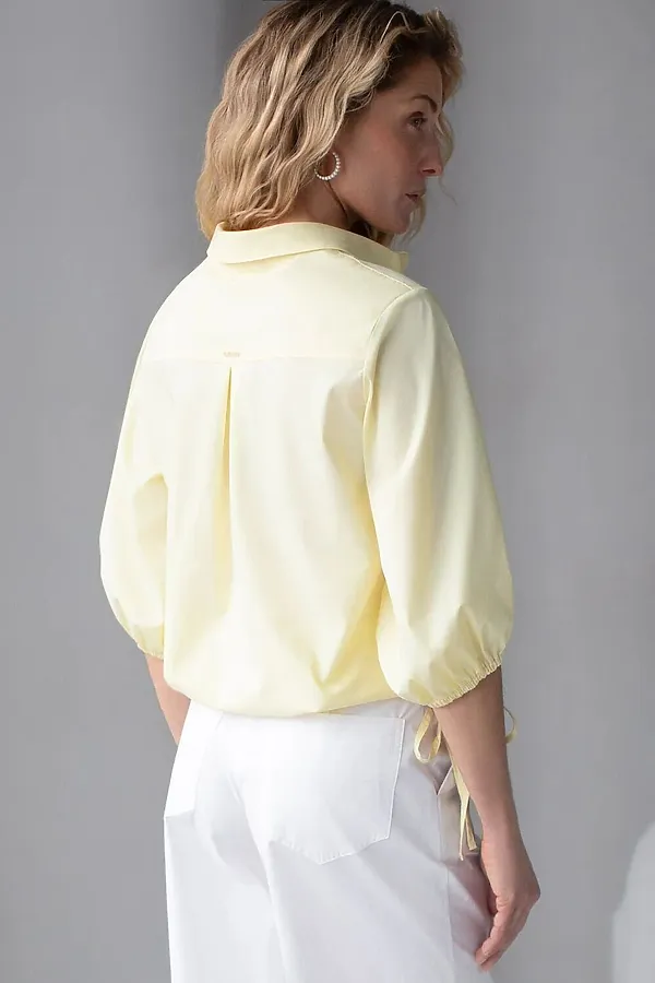Укороченная блузка с рукавами буфами и с кулиской по низу из эластичного хлопка VILATTE, лимонный - фото 2