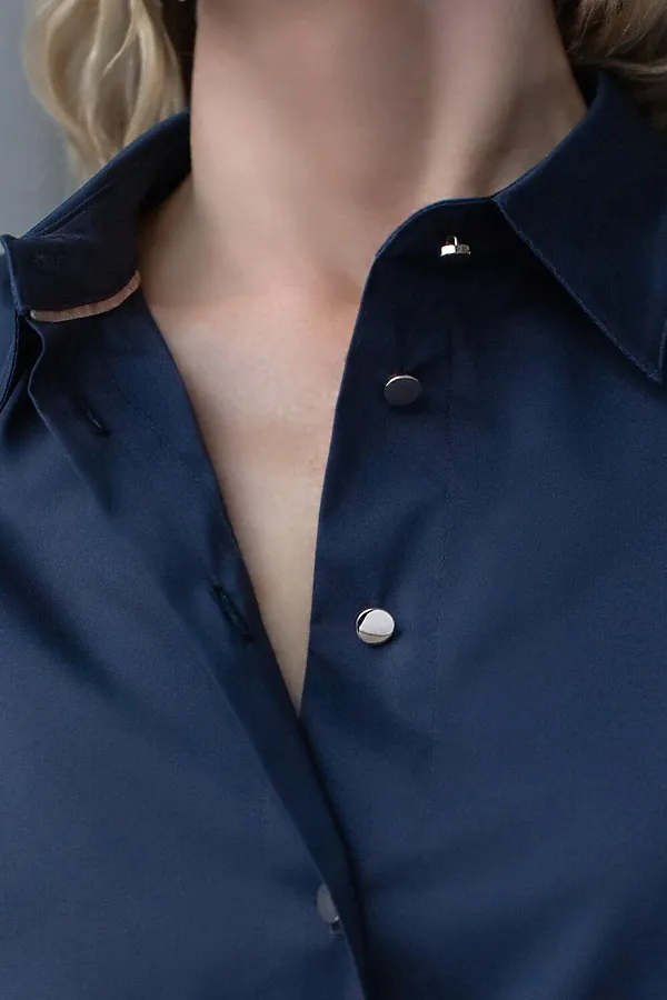 Укороченная блузка с рукавами буфами и с кулиской по низу из эластичного хлопка VILATTE, темно-синий - фото 2